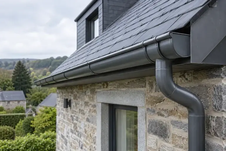 Gouttière et descente en zinc sur une maison en pierre