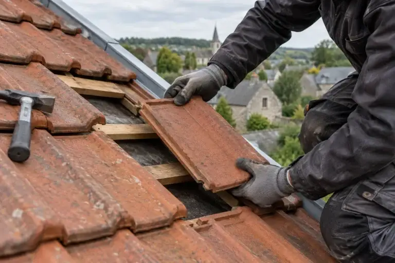 Couvreur remplaçant des tuiles cassées sur un toit