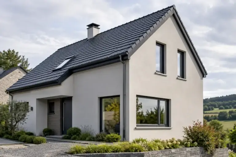 Maison à façade blanche avec toiture en tuiles noires